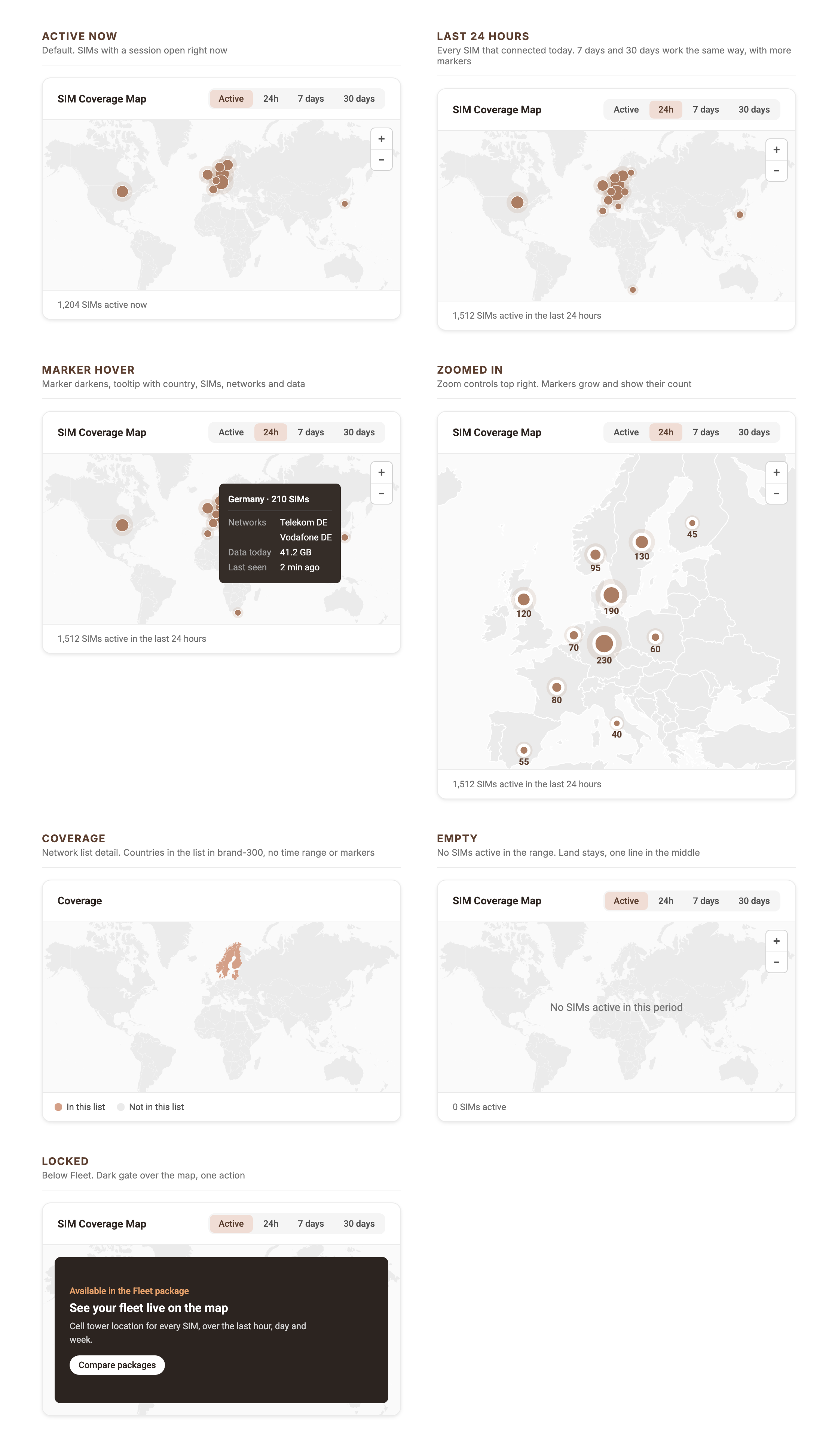 SIM Coverage Map active now and over the last 24 hours, with more markers as the range grows; marker hover with a tooltip listing networks, data today and last seen, zoomed in on Europe with counts, network list coverage, empty and locked behind Fleet
